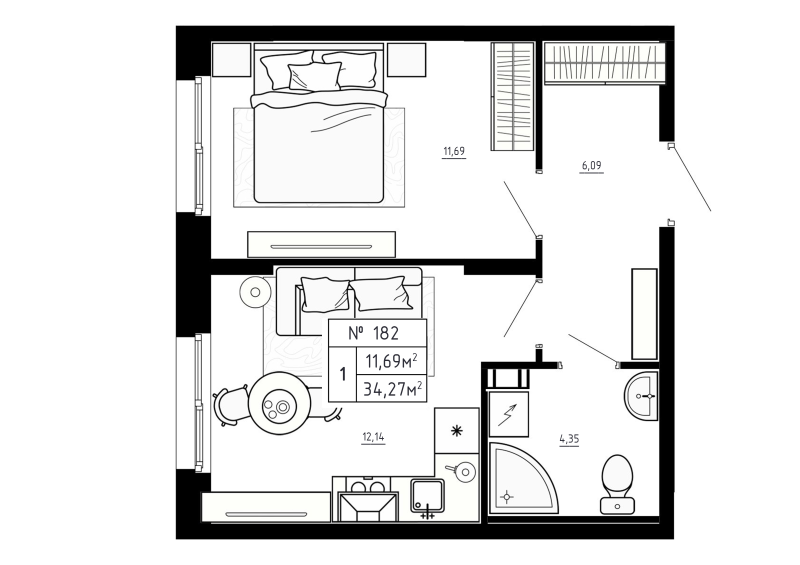 1-комнатная квартира, 34.27 м² в ЖК "Аннино Сити" - планировка, фото №1