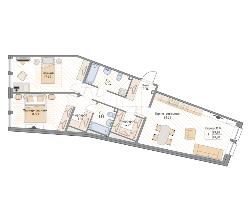 3-комнатная (Евро) квартира, 87.9 м² - планировка, фото №1