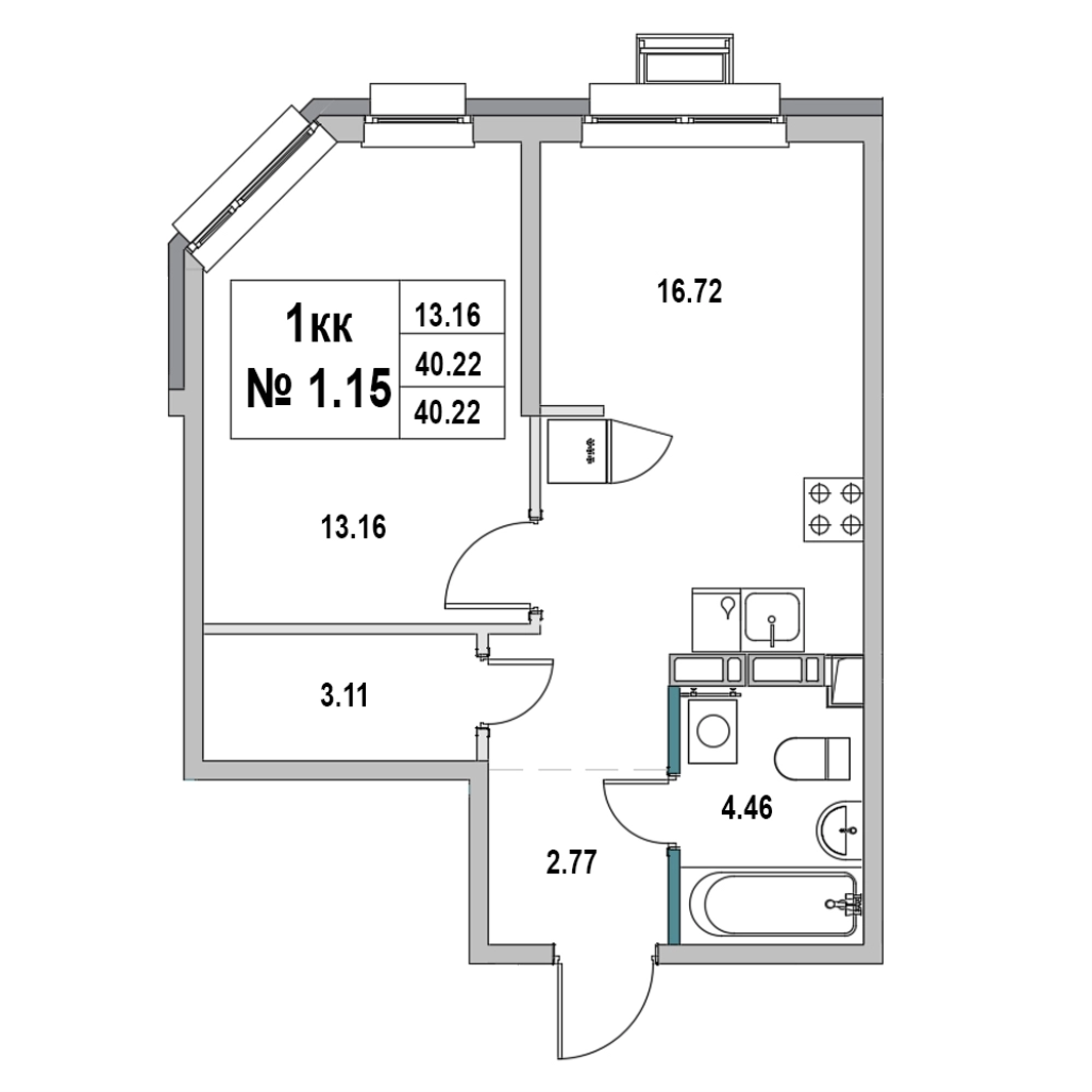 2-комнатная (Евро) квартира, 40.22 м² в ЖК "Новый Город" - планировка, фото №1