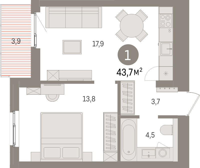 2-комнатная (Евро) квартира, 43.7 м² - планировка, фото №1
