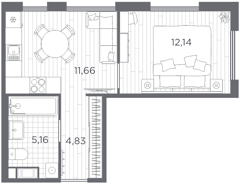 1-комнатная квартира, 33.79 м² - планировка, фото №1