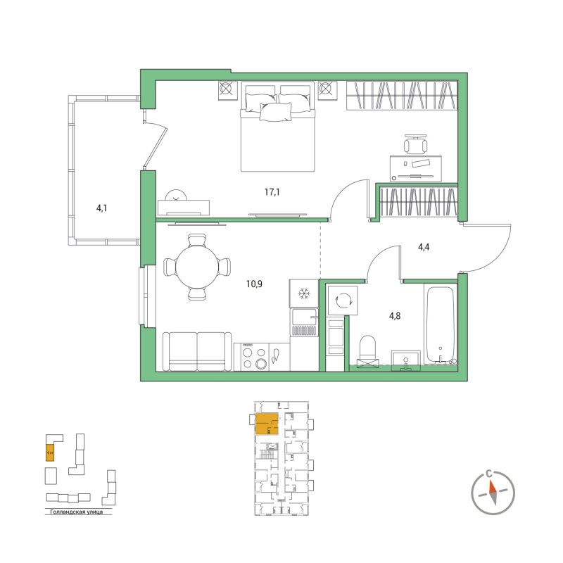 1-комнатная квартира, 38.4 м² в ЖК "Янила Форест" - планировка, фото №1
