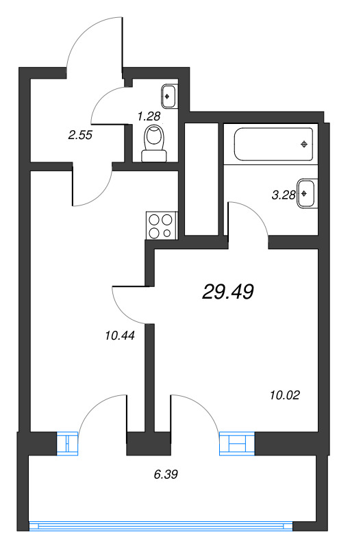 1-комнатная квартира, 29.49 м² - планировка, фото №1