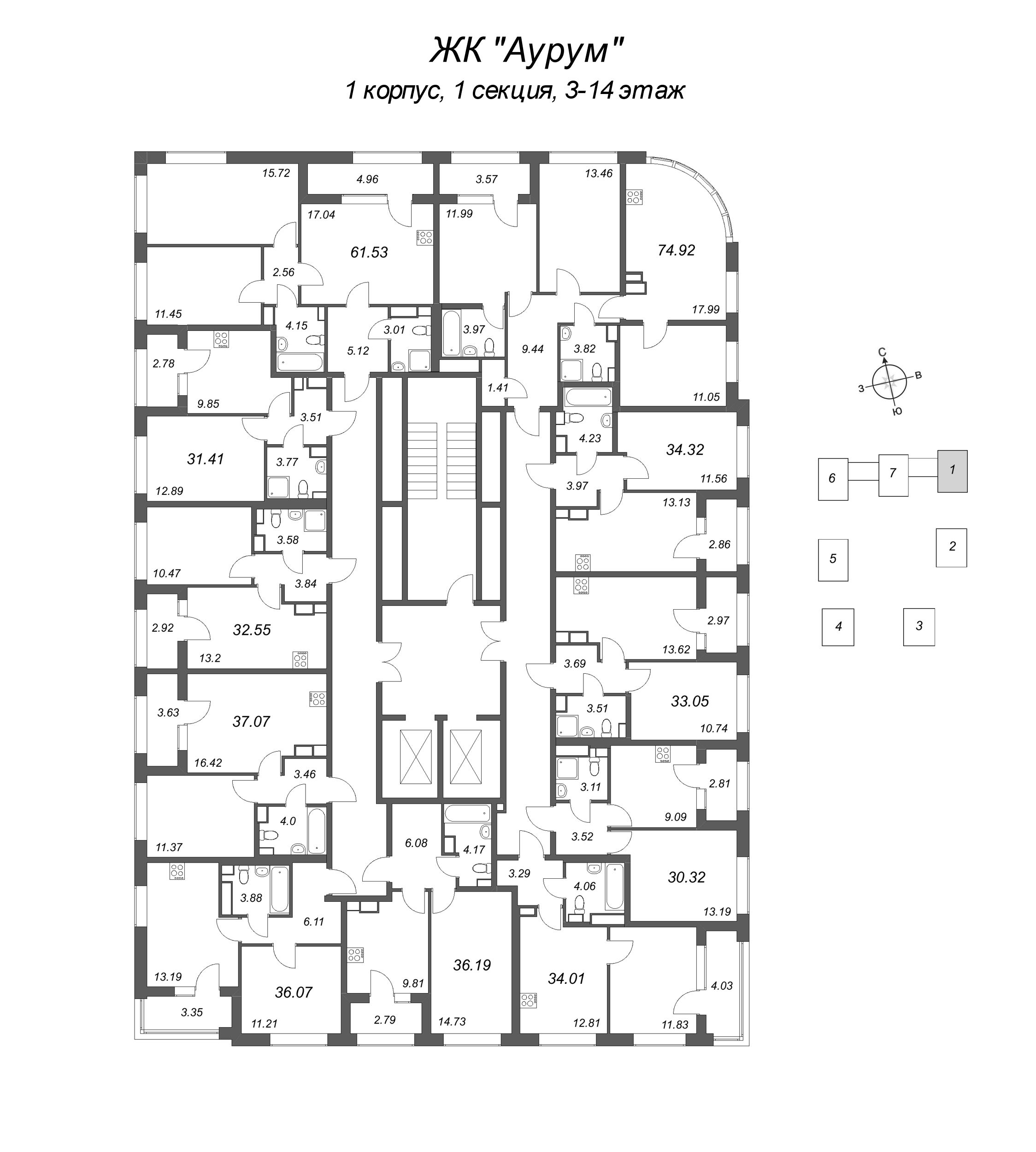 1-комнатная квартира, 30.32 м² в ЖК "Аурум" - планировка этажа