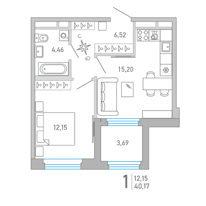 2-комнатная (Евро) квартира, 40.17 м² в ЖК "Министр" - планировка, фото №1