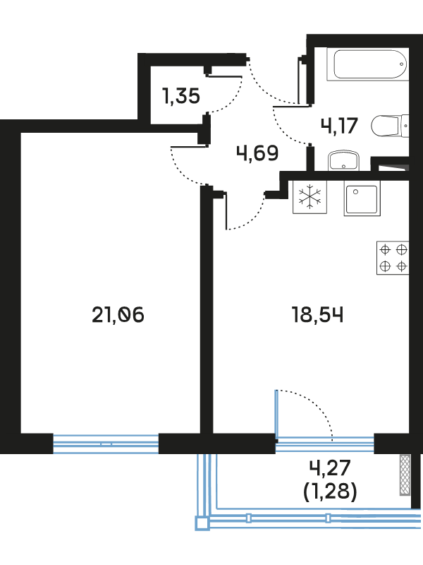 2-комнатная (Евро) квартира, 51.47 м² в ЖК "Дом Регенбоген" - планировка, фото №1