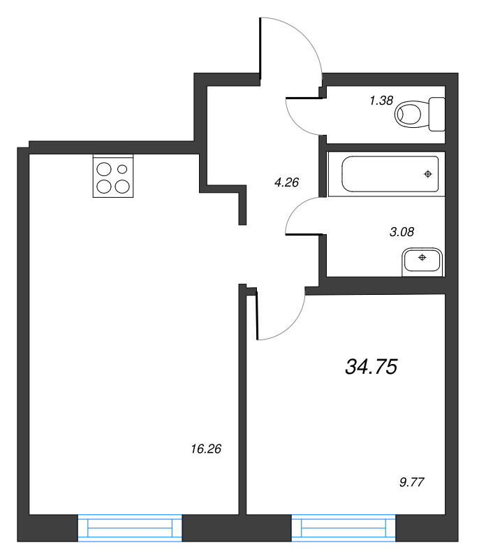2-комнатная (Евро) квартира, 34.75 м² - планировка, фото №1