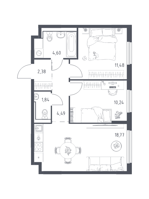 3-комнатная (Евро) квартира, 53.74 м² в ЖК "Новое Колпино" - планировка, фото №1