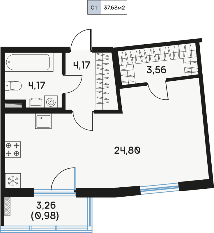 Квартира-студия, 37.86 м² - планировка, фото №1
