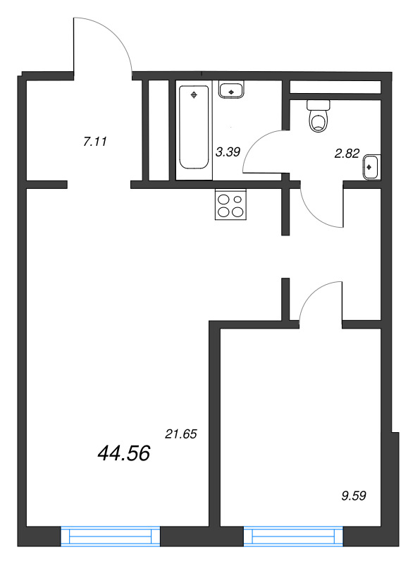 2-комнатная (Евро) квартира, 44.56 м² в ЖК "Legenda Васильевского" - планировка, фото №1