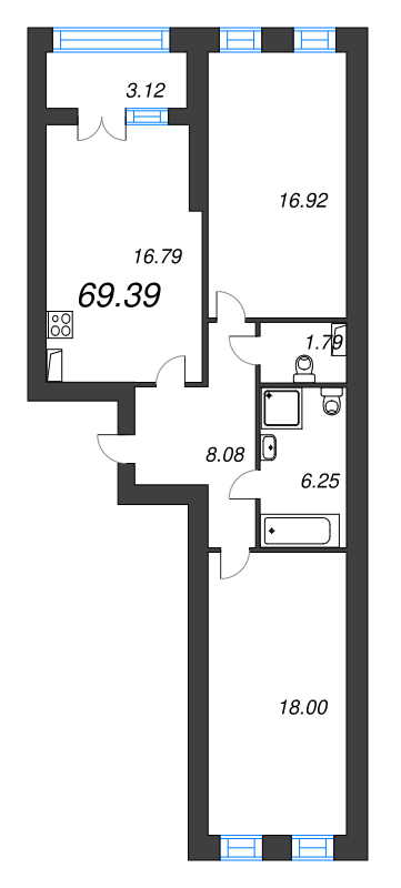 2-комнатная квартира, 69.39 м² в ЖК "Наука" - планировка, фото №1