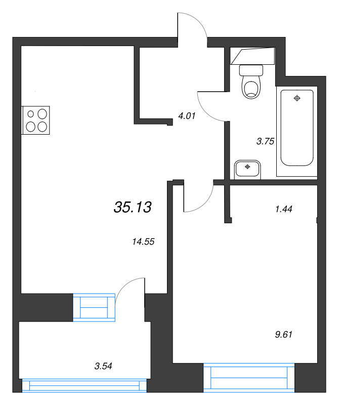 1-комнатная квартира, 35.13 м² в ЖК "Уютный" - планировка, фото №1