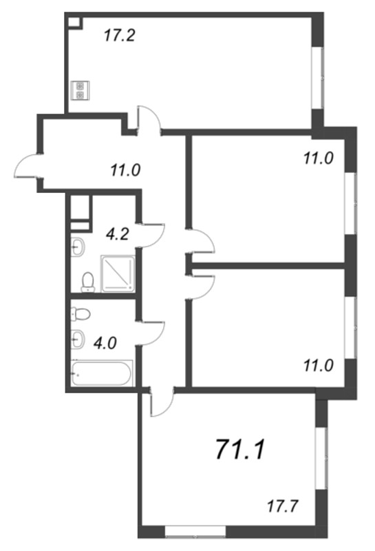 4-комнатная (Евро) квартира, 71.1 м² в ЖК "Парусная 1" - планировка, фото №1