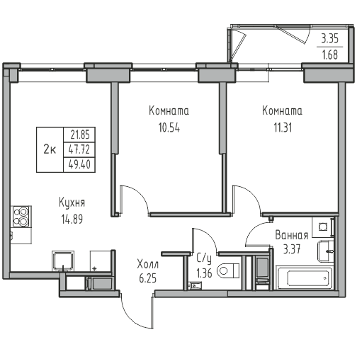 2-комнатная квартира, 49.4 м² в ЖК "Юнтолово" - планировка, фото №1