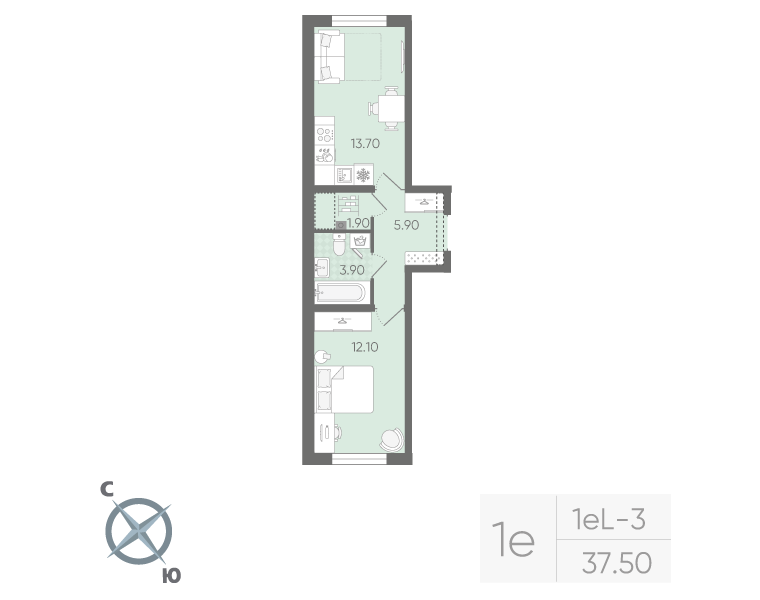 1-комнатная квартира, 37.5 м² в ЖК "Ручьи" - планировка, фото №1