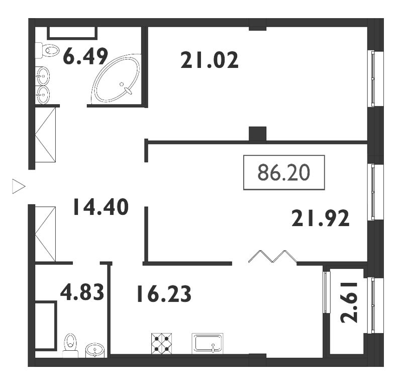 3-комнатная (Евро) квартира, 86.7 м² - планировка, фото №1