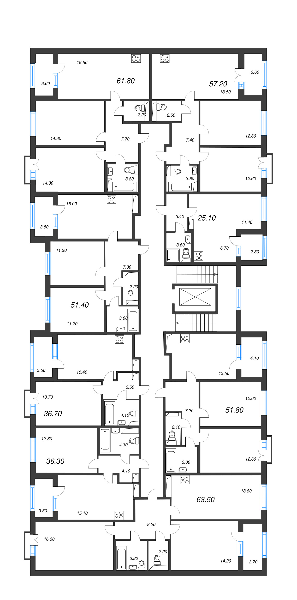 3-комнатная (Евро) квартира, 51.4 м² в ЖК "Дубровский" - планировка этажа