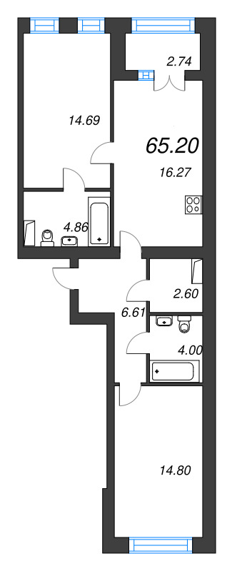 2-комнатная квартира, 65.2 м² - планировка, фото №1