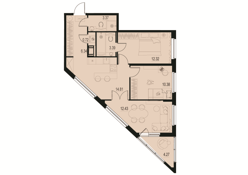 3-комнатная квартира, 65.04 м² - планировка, фото №1