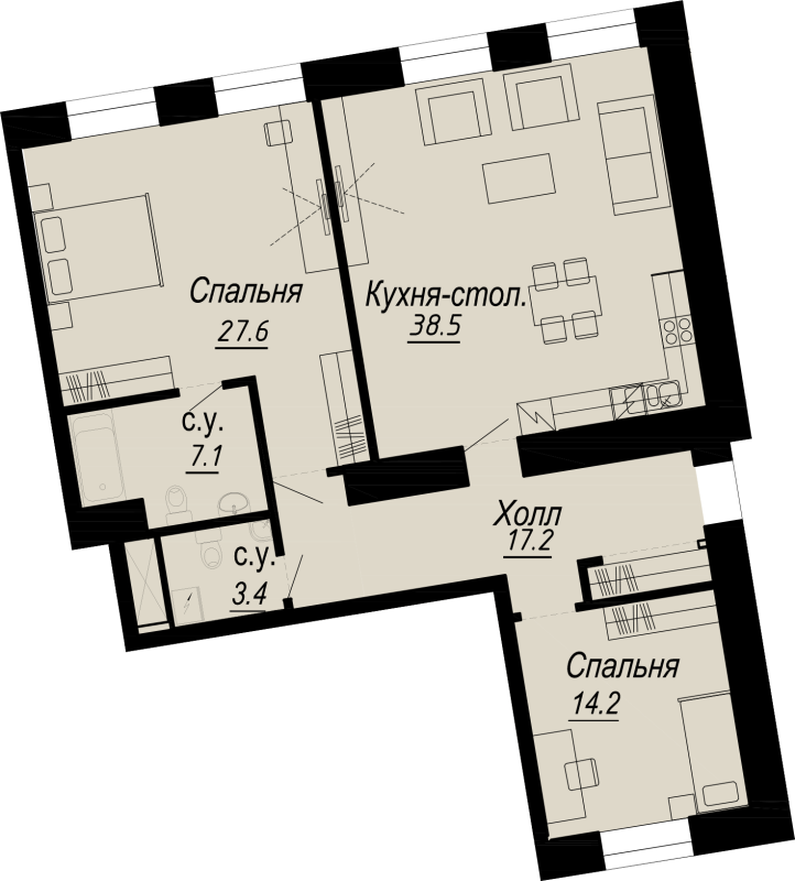 2-комнатная квартира, 109.97 м² - планировка, фото №1