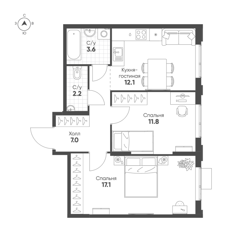 2-комнатная квартира, 53.8 м² в ЖК "Ягодное Река Парк" - планировка, фото №1