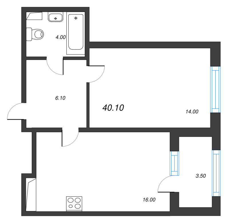 2-комнатная (Евро) квартира, 40.1 м² в ЖК "Дубровский" - планировка, фото №1