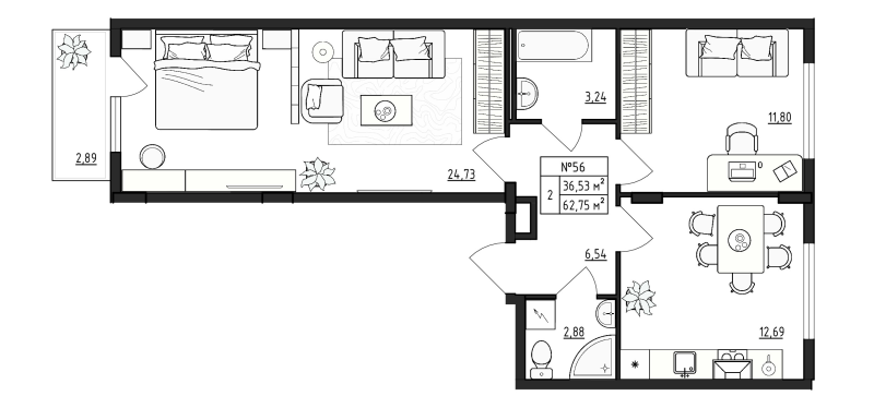2-комнатная квартира, 62.75 м² в ЖК "Верево Сити" - планировка, фото №1
