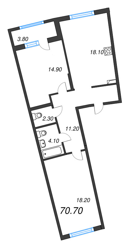 3-комнатная (Евро) квартира, 70.7 м² в ЖК "Ягодное Река Парк" - планировка, фото №1