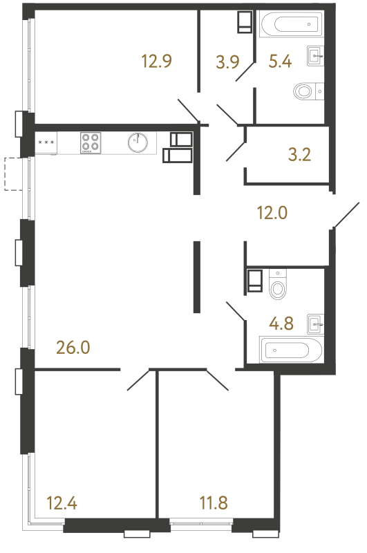 4-комнатная (Евро) квартира, 92.4 м² в ЖК "Струны" - планировка, фото №1