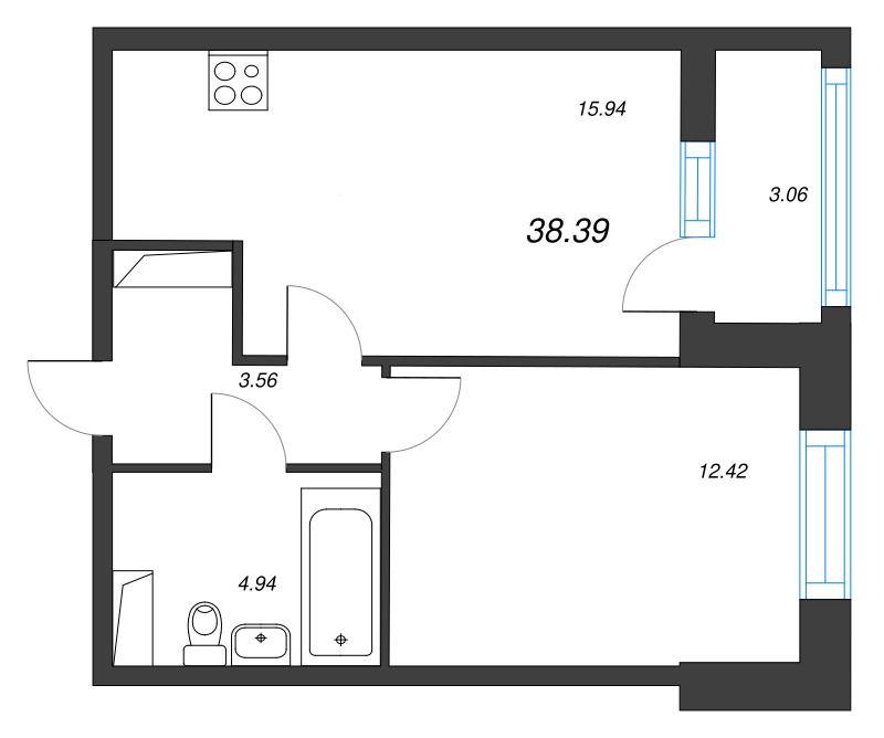 2-комнатная (Евро) квартира, 38.39 м² - планировка, фото №1