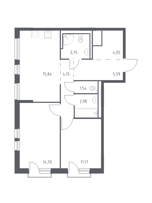 3-комнатная (Евро) квартира, 63.77 м² - планировка, фото №1