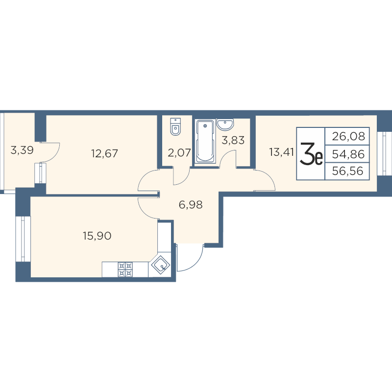 3-комнатная (Евро) квартира, 56.29 м² - планировка, фото №1