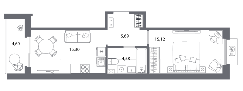 2-комнатная (Евро) квартира, 44.7 м² в ЖК "Респект" - планировка, фото №1