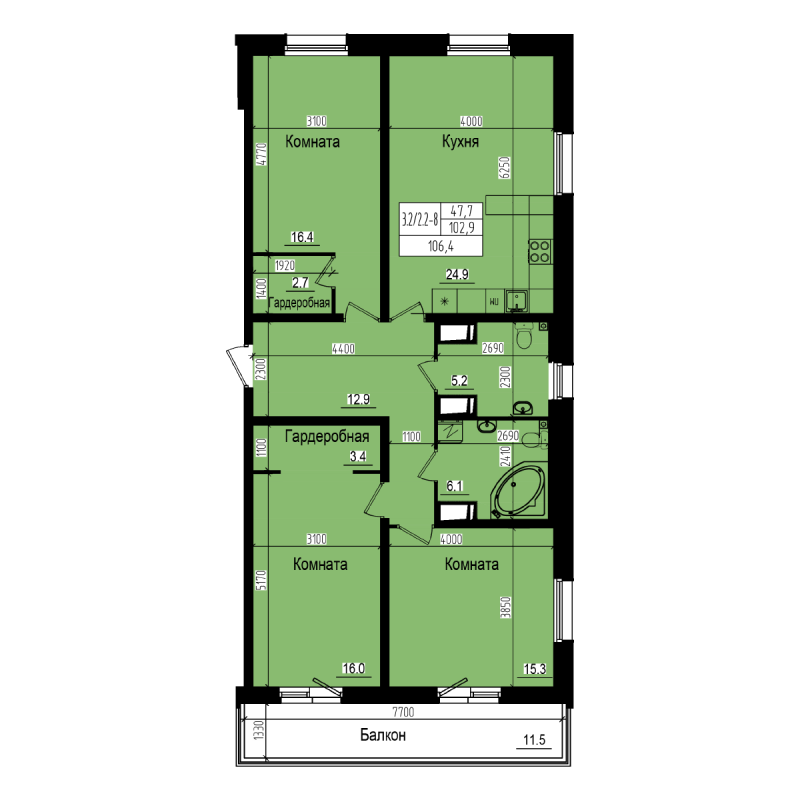 4-комнатная (Евро) квартира, 106.4 м² в ЖК "ПРАГМА city" - планировка, фото №1