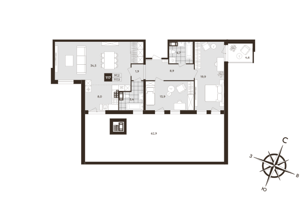 3-комнатная (Евро) квартира, 97.2 м² в ЖК "Дом на Бронницкой" - планировка, фото №1
