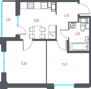 2-комнатная квартира, 44.89 м² в ЖК "Город-спутник Южный" - планировка, фото №1