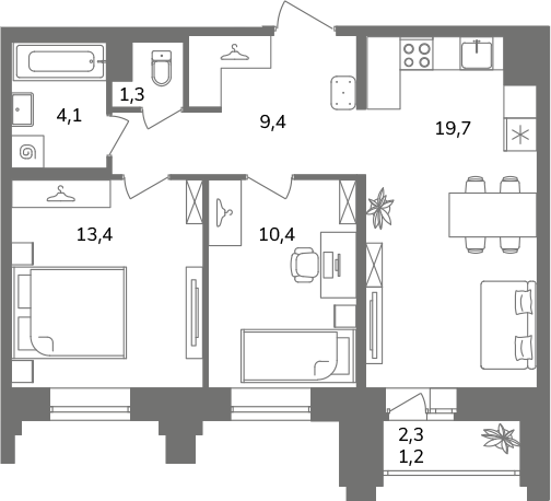 3-комнатная (Евро) квартира, 59.5 м² в ЖК "Антверпен" - планировка, фото №1