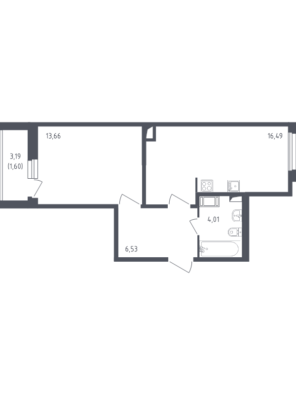 2-комнатная (Евро) квартира, 42.29 м² - планировка, фото №1