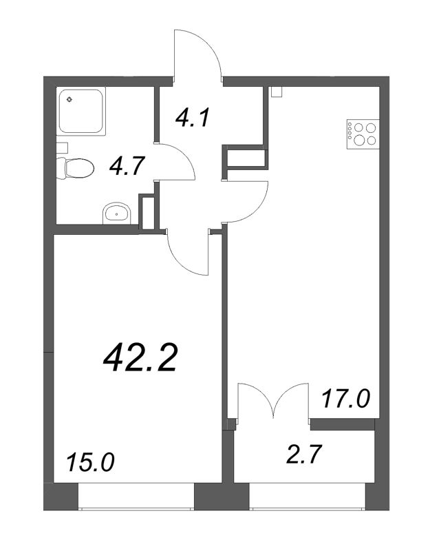 2-комнатная (Евро) квартира, 42.2 м² в ЖК "Новый Питер" - планировка, фото №1