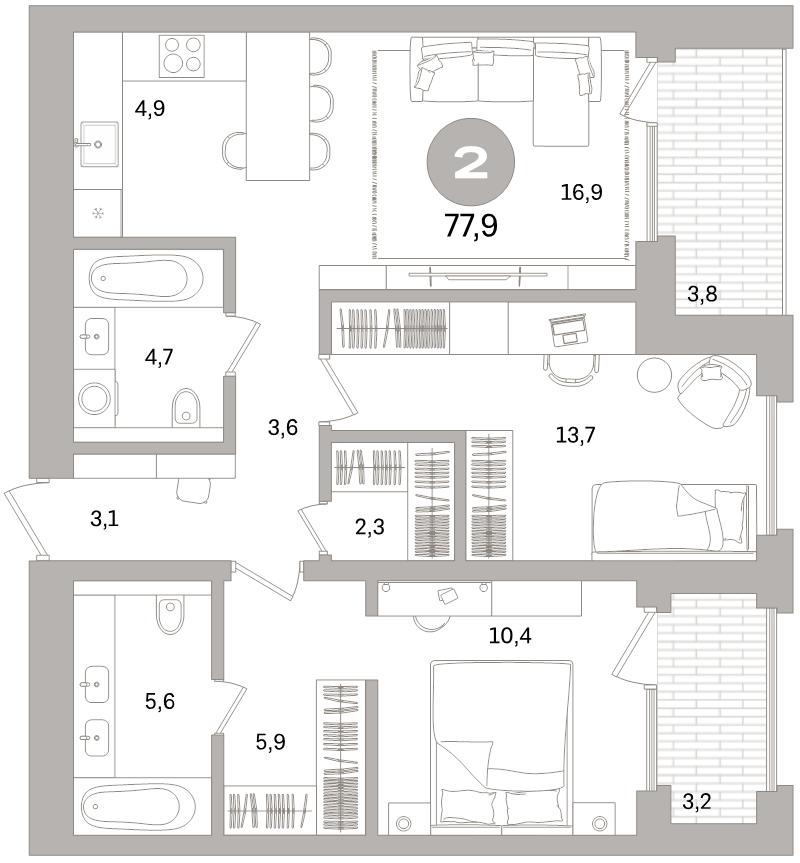 3-комнатная (Евро) квартира, 77.9 м² в ЖК "Северный ветер" - планировка, фото №1