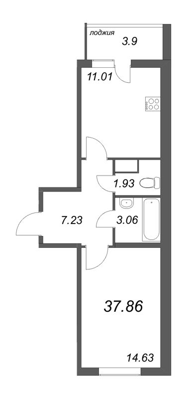 1-комнатная квартира, 37.86 м² - планировка, фото №1