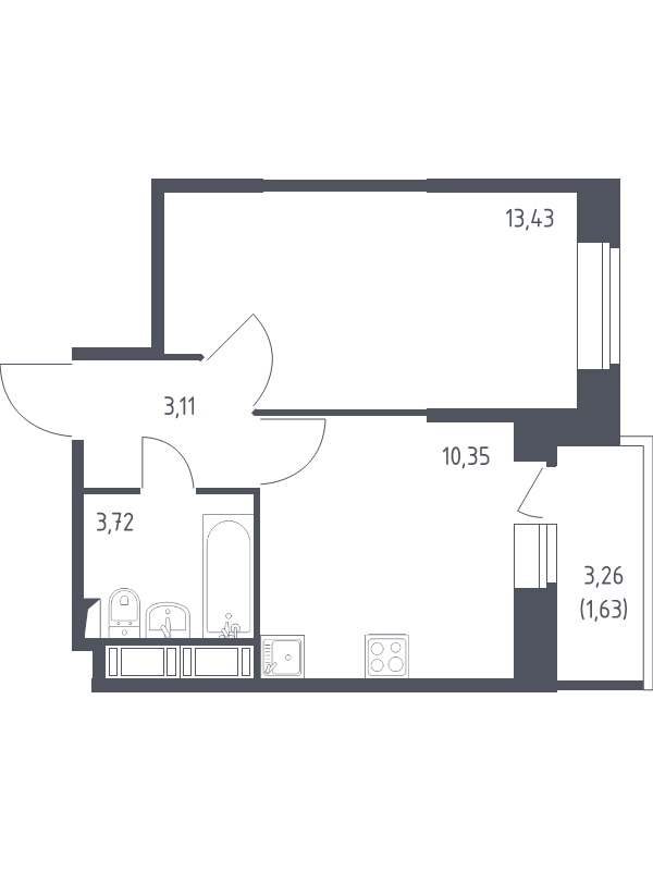 1-комнатная квартира, 32.3 м² - планировка, фото №1