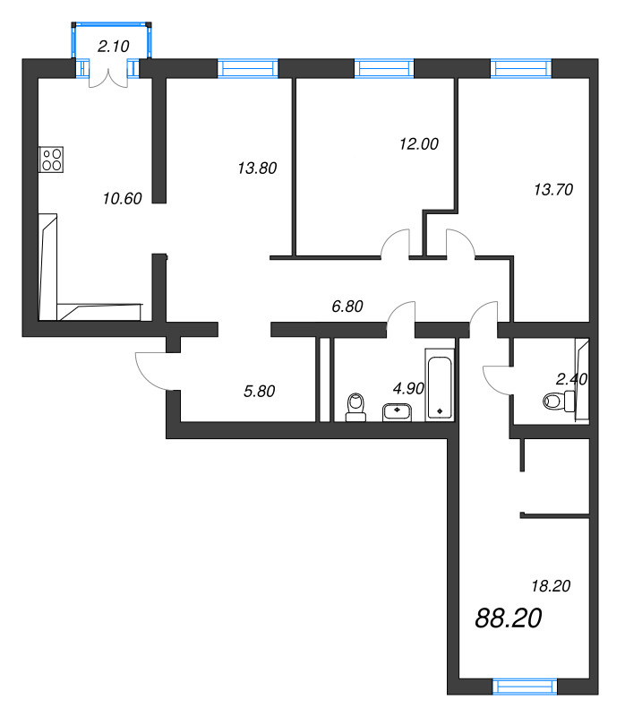 4-комнатная квартира, 91.9 м² - планировка, фото №1