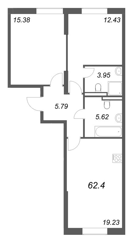 3-комнатная (Евро) квартира, 62.4 м² в ЖК "Цивилизация на неве" - планировка, фото №1