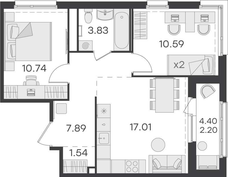 3-комнатная (Евро) квартира, 53.8 м² - планировка, фото №1