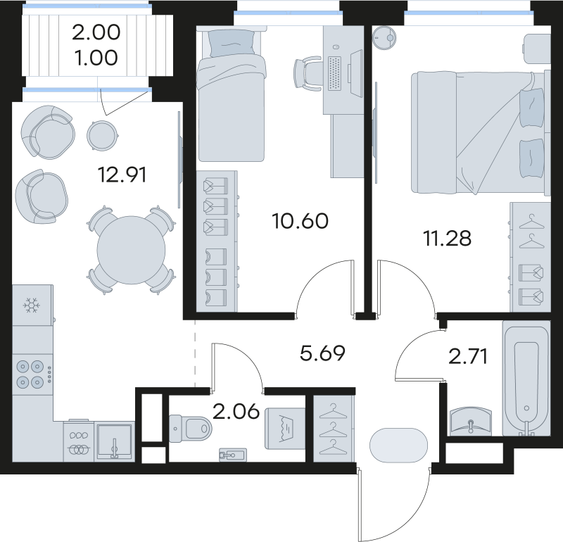 2-комнатная квартира, 46.25 м² - планировка, фото №1