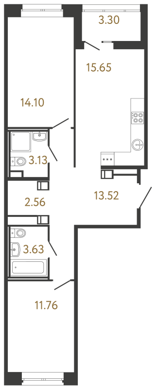 3-комнатная (Евро) квартира, 64.35 м² в ЖК "Ultra City 3.0" - планировка, фото №1