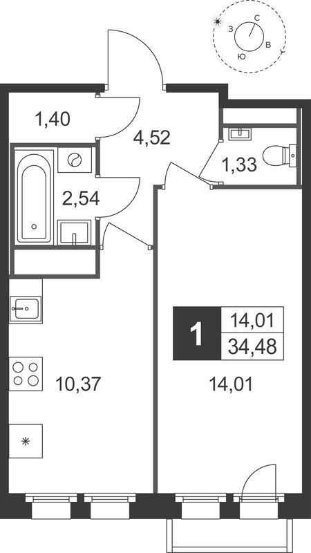 1-комнатная квартира, 34.48 м² в ЖК "Слобода" - планировка, фото №1