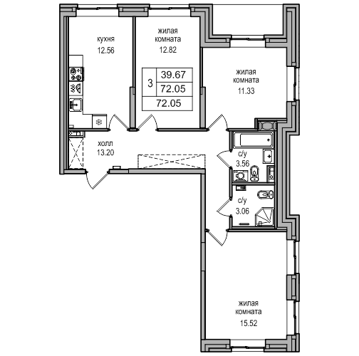 3-комнатная квартира, 71.7 м² в ЖК "Северная Долина" - планировка, фото №1