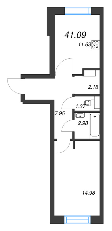 1-комнатная квартира, 41.09 м² - планировка, фото №1